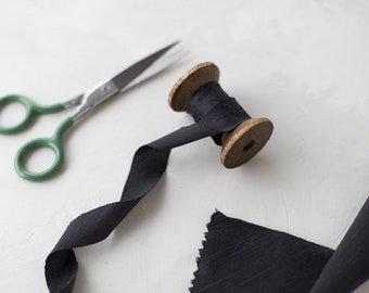 Black Bias-Cut Dupioni Silk Ribbon • 3/4" • 2"