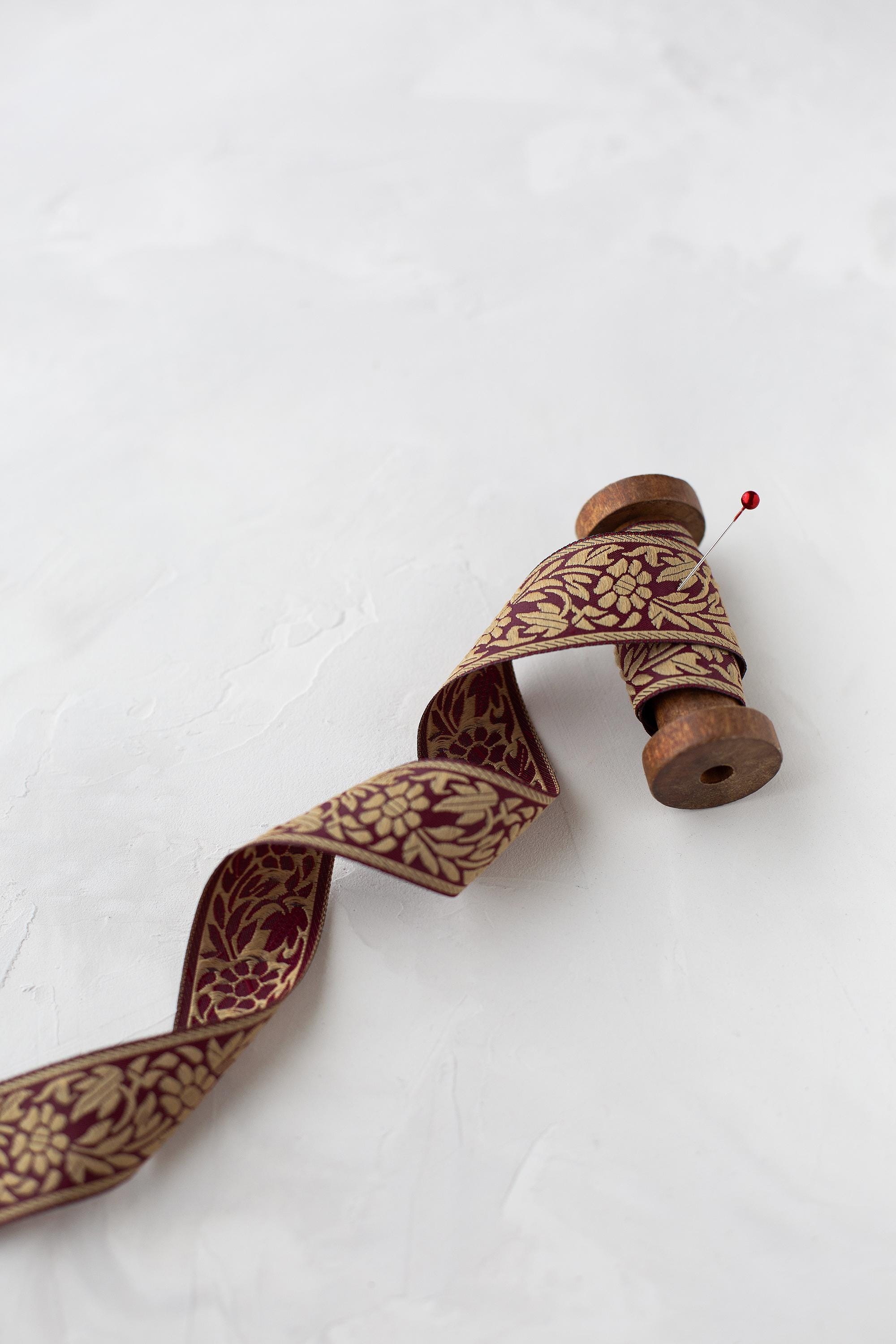 Deep Maroon Red + Golden Beige Floral Mirrored Woven Jacquard Ribbon ...