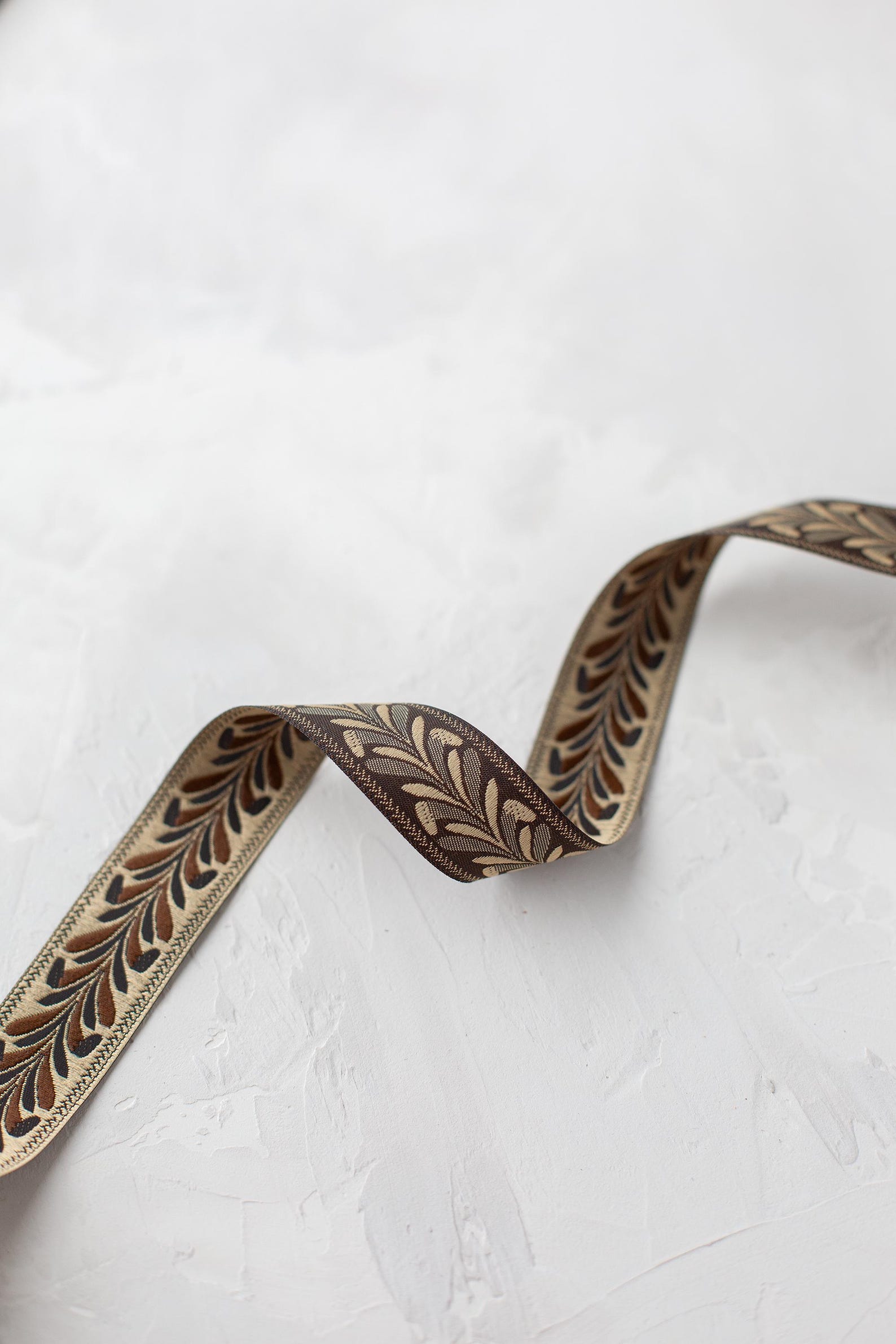 Chocolate Brown + Brass Gold Floral Mirrored Woven Jacquard Ribbon • 1 ...