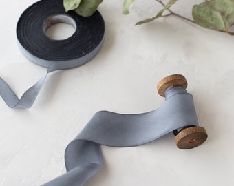 Deep Blue Gray Bias-Cut Hand-Dyed Silk Charmeuse Ribbon • 1/2" • 5/8" • 1" •  1.5" • 2.5"