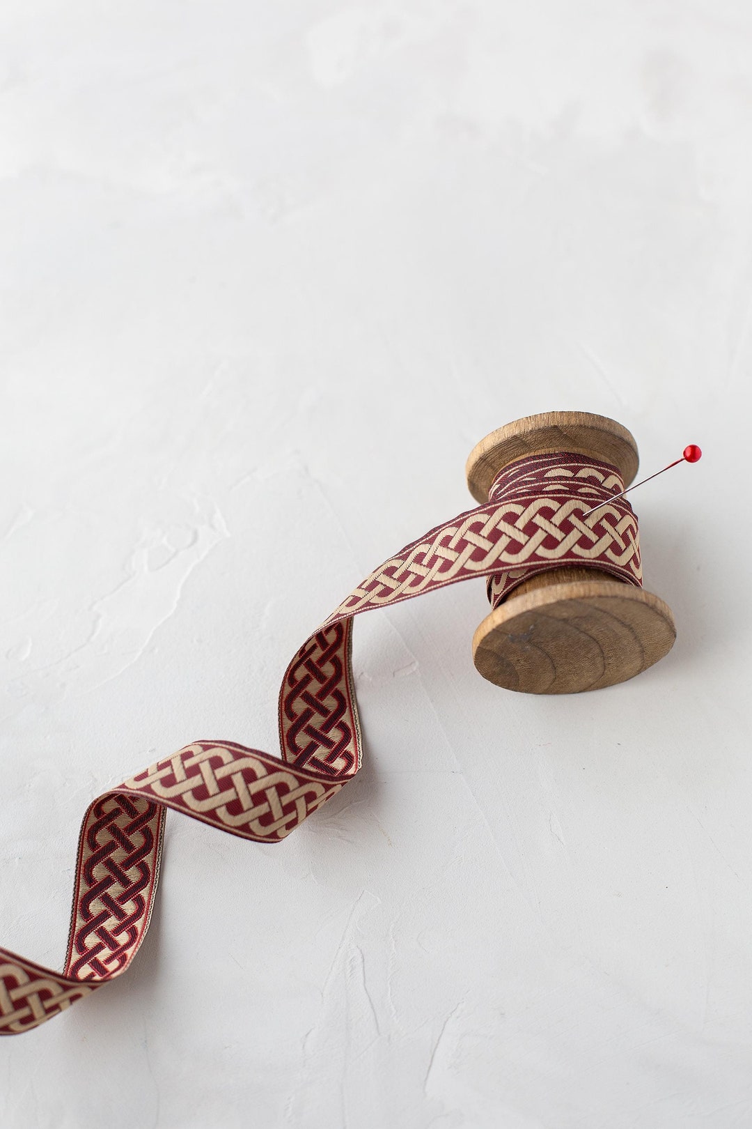 Burgundy Red + Beige Trellis Mirrored Woven Jacquard Ribbon • 3/4