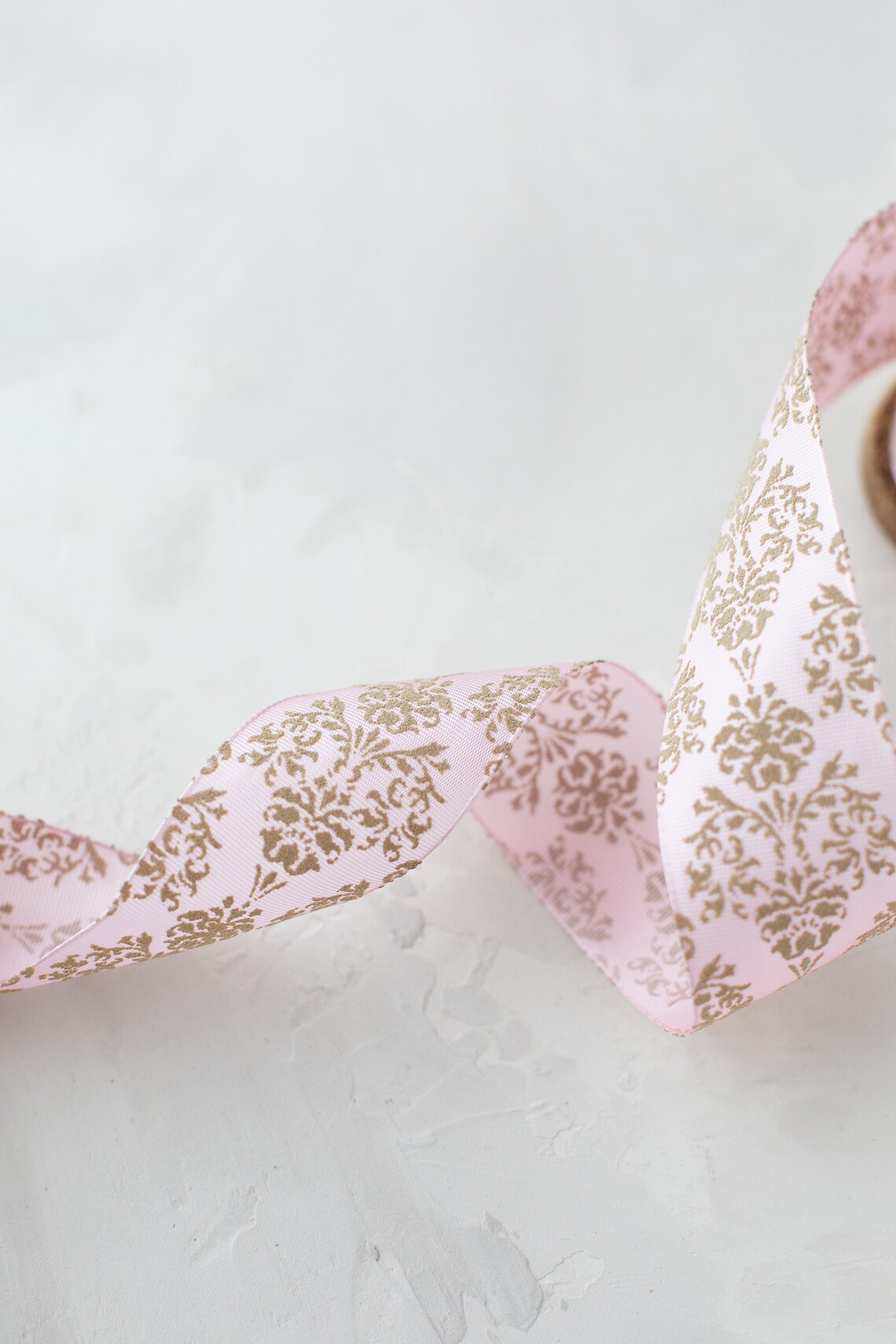 Pink + Beige Taupe Baroque Floral Lightly-wired Ribbon • 1.5
