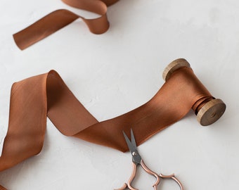 Deep Copper Bronze Variegated Bias-Cut Hand-Dyed Silk Charmeuse Ribbon • 1/2" • 5/8" • 1" •  1.5" • 2.5"