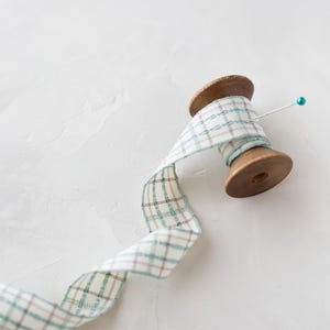 Seafoam Mint + Natural Italian Plaid Woven Ribbon • 5/8&quot; • 1&quot;