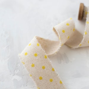 Yellow Velvet Polka Dots on Natural Linen-Cotton Blend Frayed Ribbon 1.5 image 2