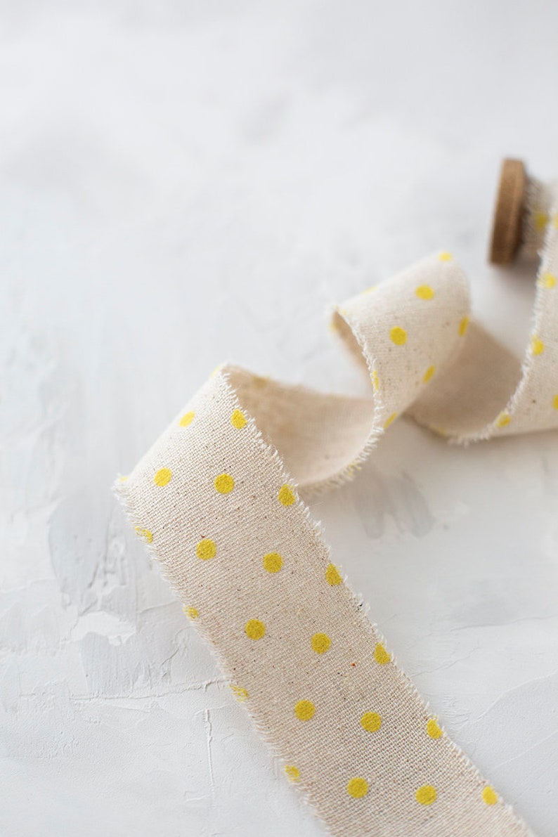 Yellow Velvet Polka Dots on Natural Linen-Cotton Blend Frayed Ribbon 1.5 image 2