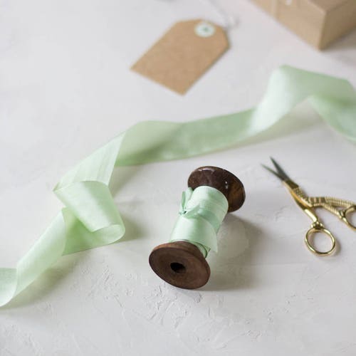 Mint Green Hand-Dyed Habutai Silk Ribbon • 1/4" • 1/2" • 1-1/4"