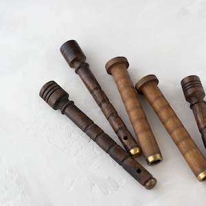 Empty Vintage-Look Stained Wood Bobbin w/ Metallic Gold Tip