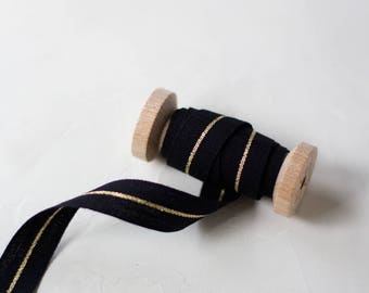 Black + Gold Metallic Stripe Italian Cotton Ribbon • 1/4" • 5/8"