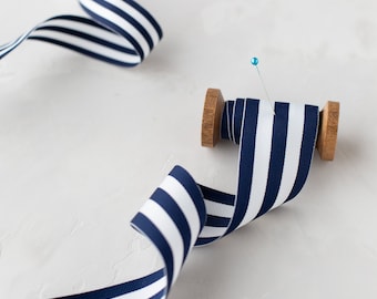 Navy Blue + White Stripe Grosgrain Ribbon • 7/8" • 1.5"