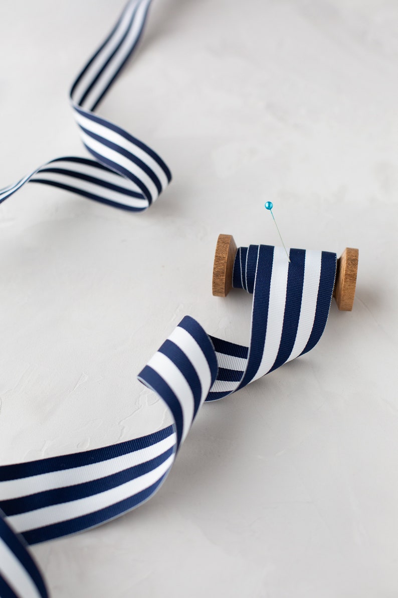 Navy Blue White Stripe Grosgrain Ribbon 7/8 1.5 image 1