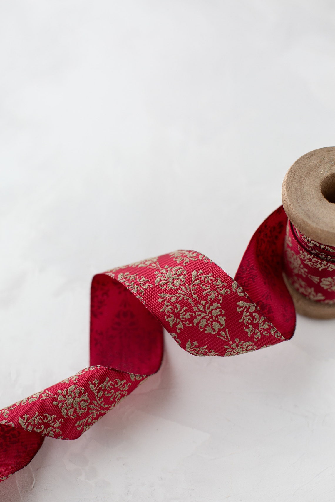 Burgundy Red + Beige Taupe Baroque Floral Lightly-wired Ribbon • 1.5 ...