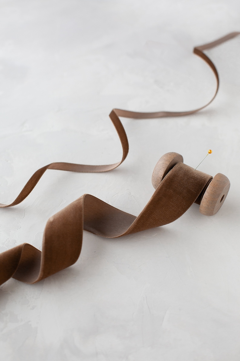 Coiled Ribbons Coffee Brown Swiss Velvet Ribbon • 1/8