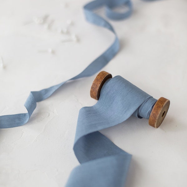 Dusty Blue Gray Wrinkled Faux Dupioni Silk Ribbon • 1/2" • 1" • 1.5" • 2.5"