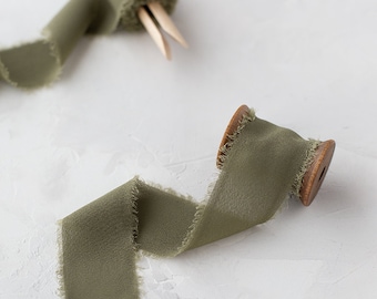 Olive Green Hand-Dyed Frayed Edge Silk Chiffon Ribbon • 1-1/2"