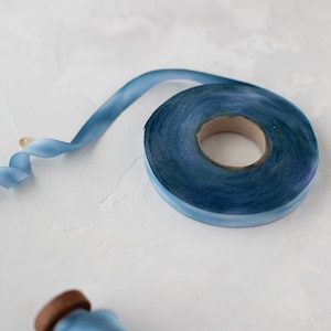 Sea Blue Variegated Bias-Cut Hand-Dyed Silk Charmeuse Ribbon 1/2 5/8 1 1.5 2.5 image 4