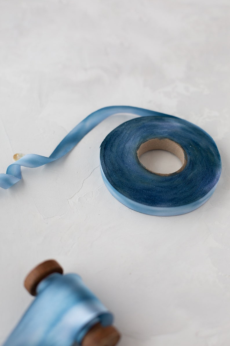 Sea Blue Variegated Bias-Cut Hand-Dyed Silk Charmeuse Ribbon 1/2 5/8 1 1.5 2.5 image 4