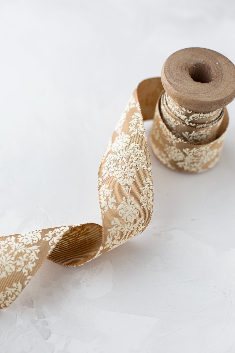 Golden Beige + Ivory Baroque Floral Lightly-wired Ribbon • 1.5
