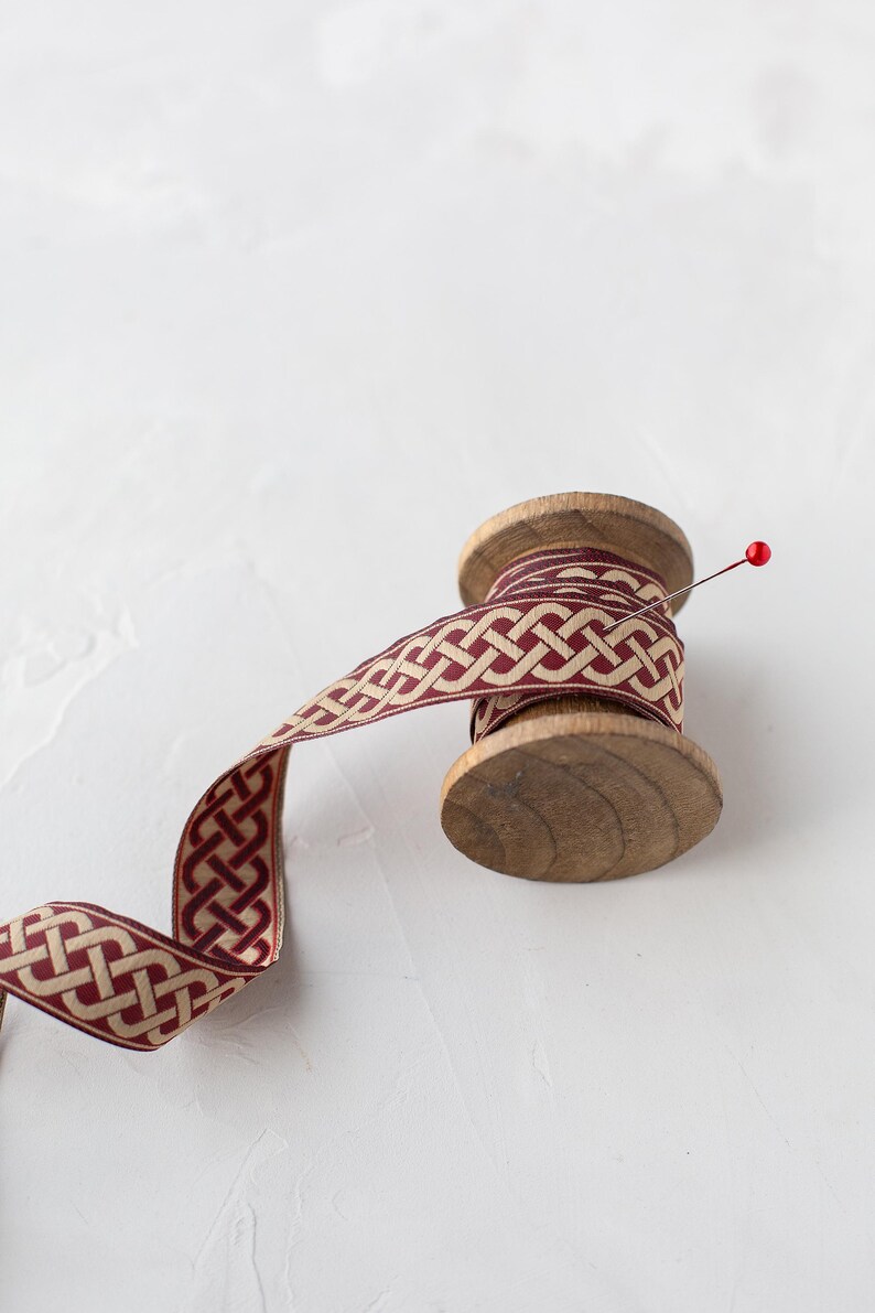 Burgundy Red + Beige Trellis Mirrored Woven Jacquard Ribbon • 3/4