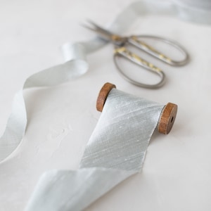 Pale Silver Gray Bias-Cut Dupioni Silk Ribbon: Raw Edge • 3/4&quot; • 2&quot;