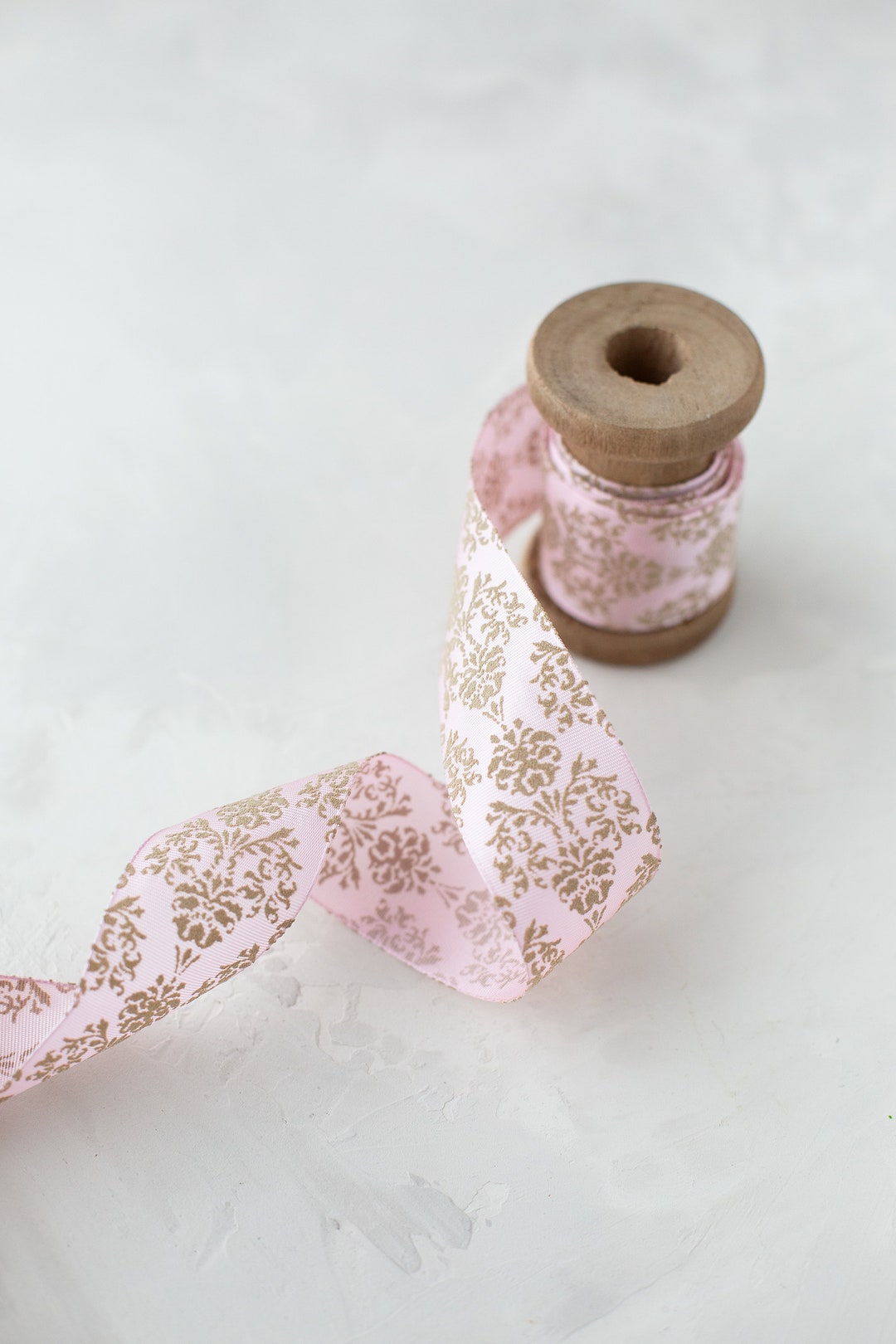 Pink + Beige Taupe Baroque Floral Lightly-wired Ribbon • 1.5