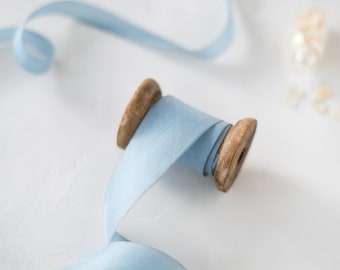 Blue Gray Mist Bias-Cut Hand-Dyed Silk Ribbon • 1/2" • 5/8" • 1" •  1.5" • 2.5"