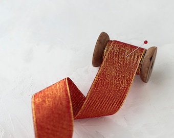 Red + Gold Metallic Woven Ribbon • 7/8" • 1.5"