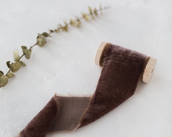 Brown Hand-Dyed Frayed Edge Silk Velvet Ribbon • 1-3/8" • 2" (1 yard)