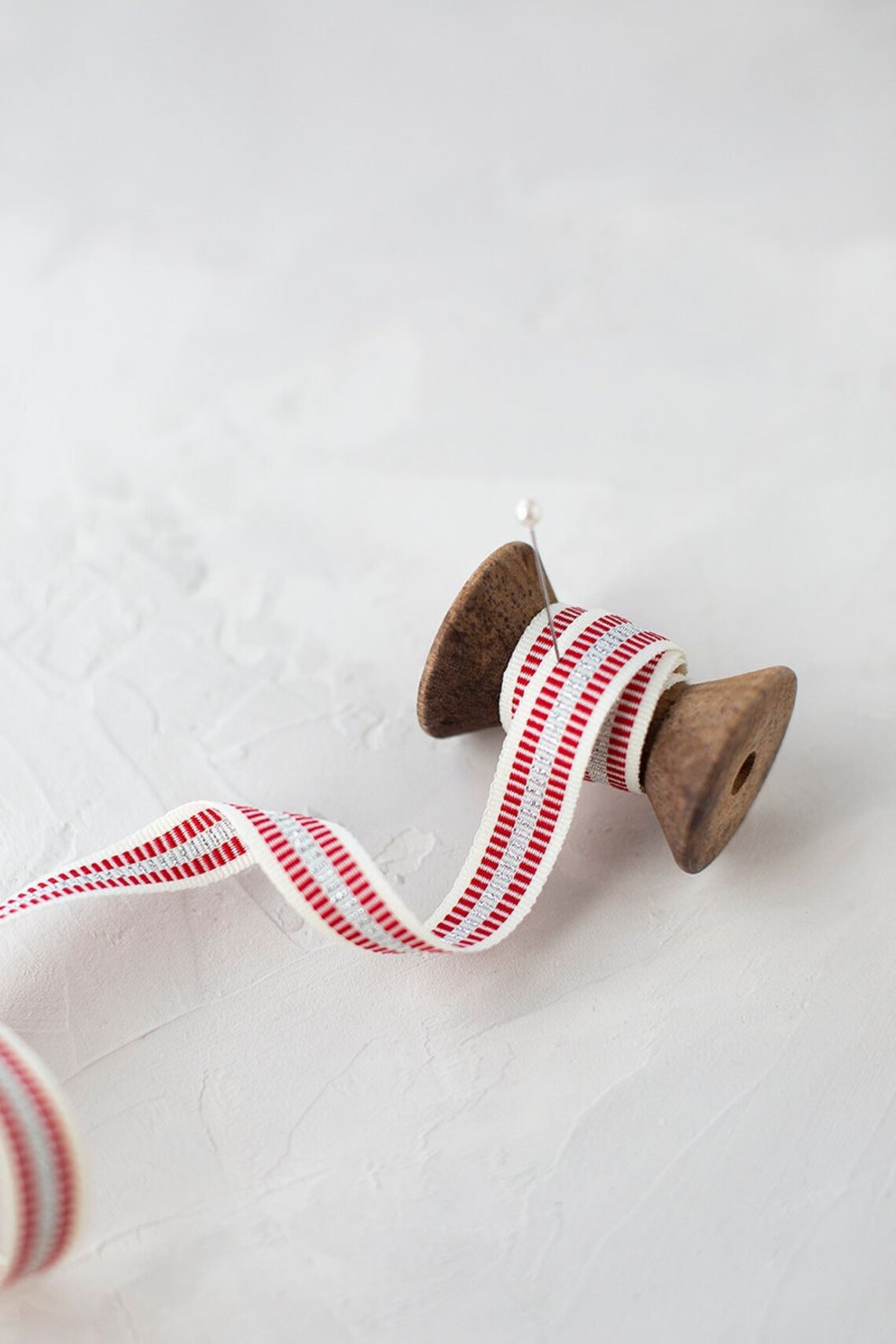 Red + Silver Metallic on Natural Cotton Grosgrain Ribbon • 1/2