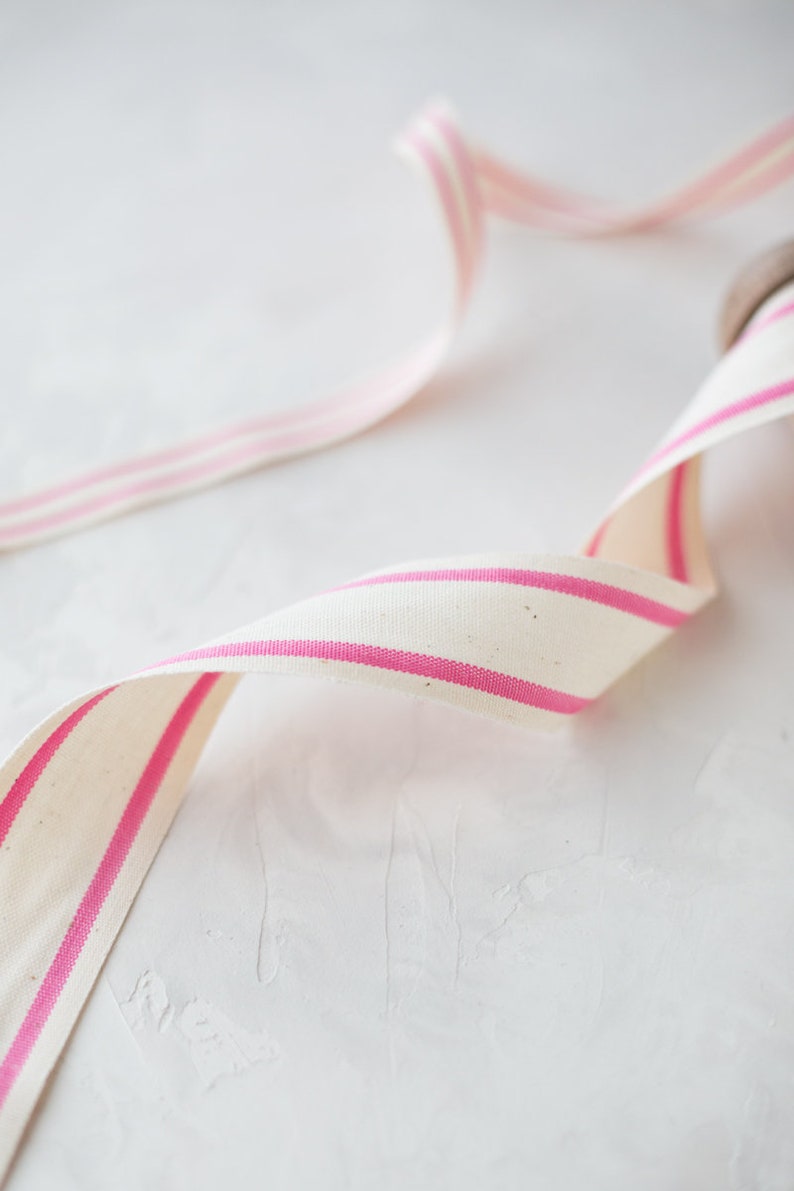 Pink Natural Double Stripe Cotton Blend Ribbon 5/8 1.5 image 3