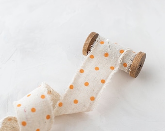 Orange Velvet Polka Dots on Natural Linen-Cotton Blend Frayed Ribbon • 1.5"