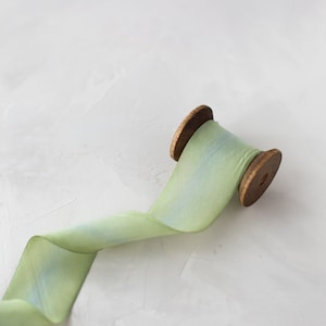 Spring Sage + Blue Variegated Bias-Cut Silk Ribbon: Hand-Dyed, Raw Edge • 1&quot; •  1.5&quot; • 2.5&quot;