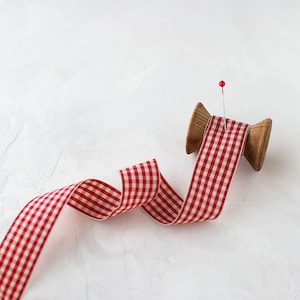 Red + Beige Check Taffeta Ribbon • 3/8&quot; • 5/8&quot; • 1&quot; • 1.5&quot;