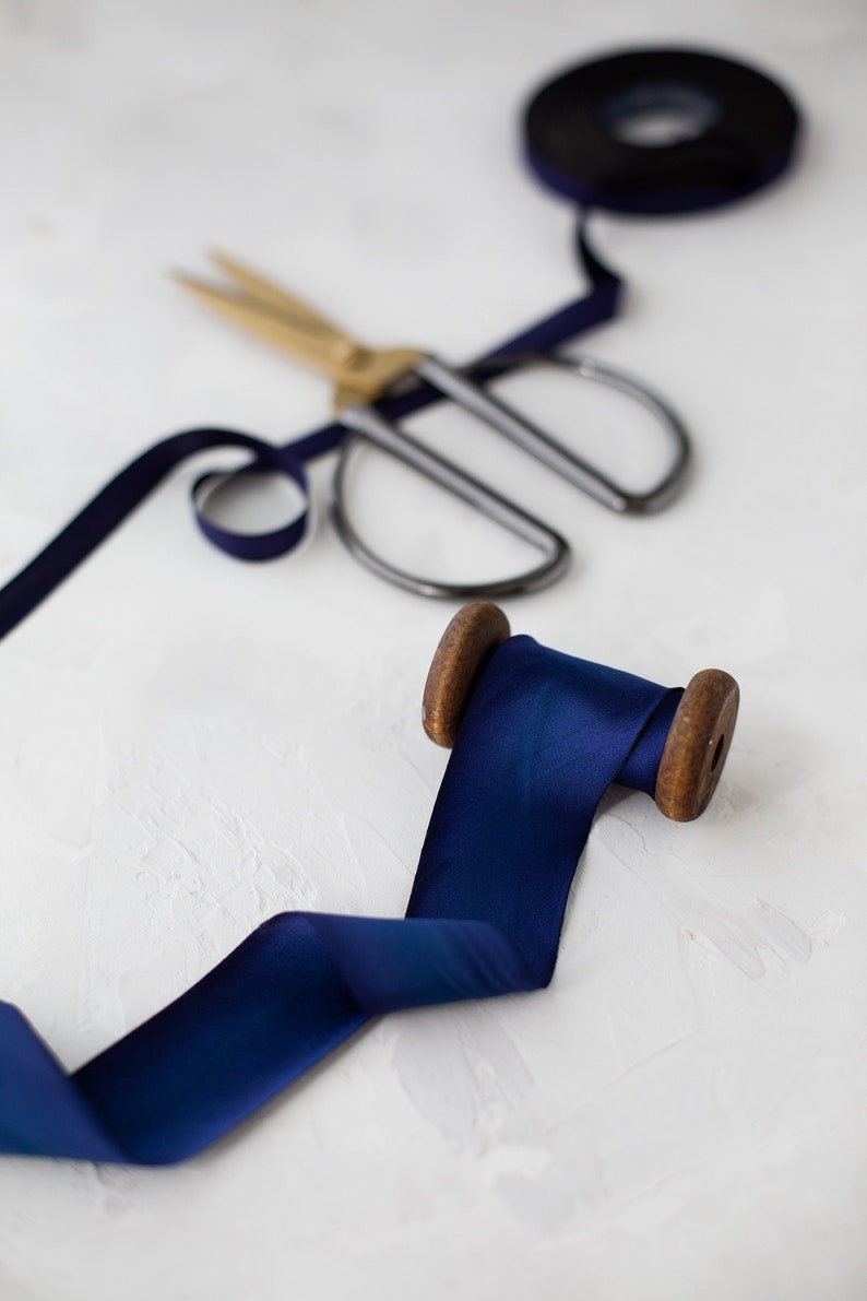 Deep Cobalt Blue Variegated Bias-Cut Hand-Dyed Silk Charmeuse Ribbon 1/2 5/8 1 1.5 2.5 image 1