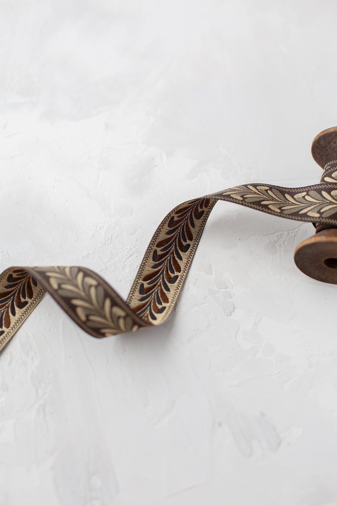 Chocolate Brown + Brass Gold Floral Mirrored Woven Jacquard Ribbon • 1 ...