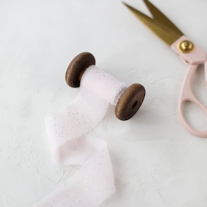 Blush Pink + Gold Metallic Mini Polka Dot Hand-Dyed Frayed Edge Georgette Crepe Silk Ribbon • 1.25"