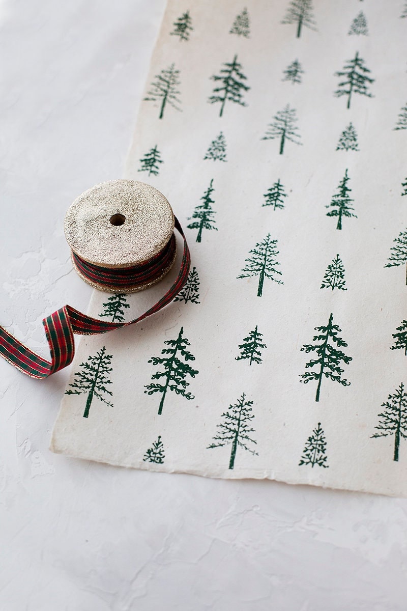 Green Evergreen Tree on Natural Lokta Handmade Wrapping Paper: 2 Sheets, Deckled Edge