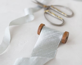 Pale Silver Gray Bias-Cut Dupioni Silk Ribbon • 3/4" • 2"