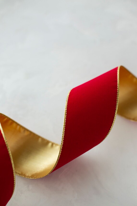 Red Velvet Wired Ribbon w/ Gold Metallic Lamé Backing (10 yards) • 2-1/2 •  4