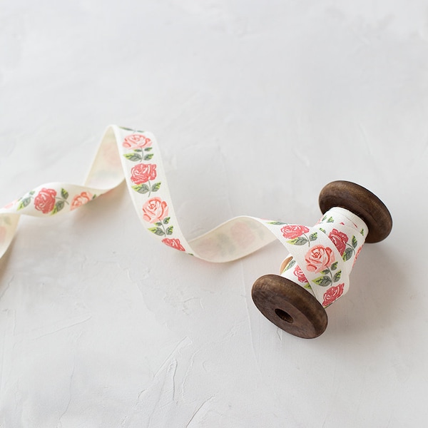 Red + Pink Rose Printed Woven Cotton Ribbon • 3/4"