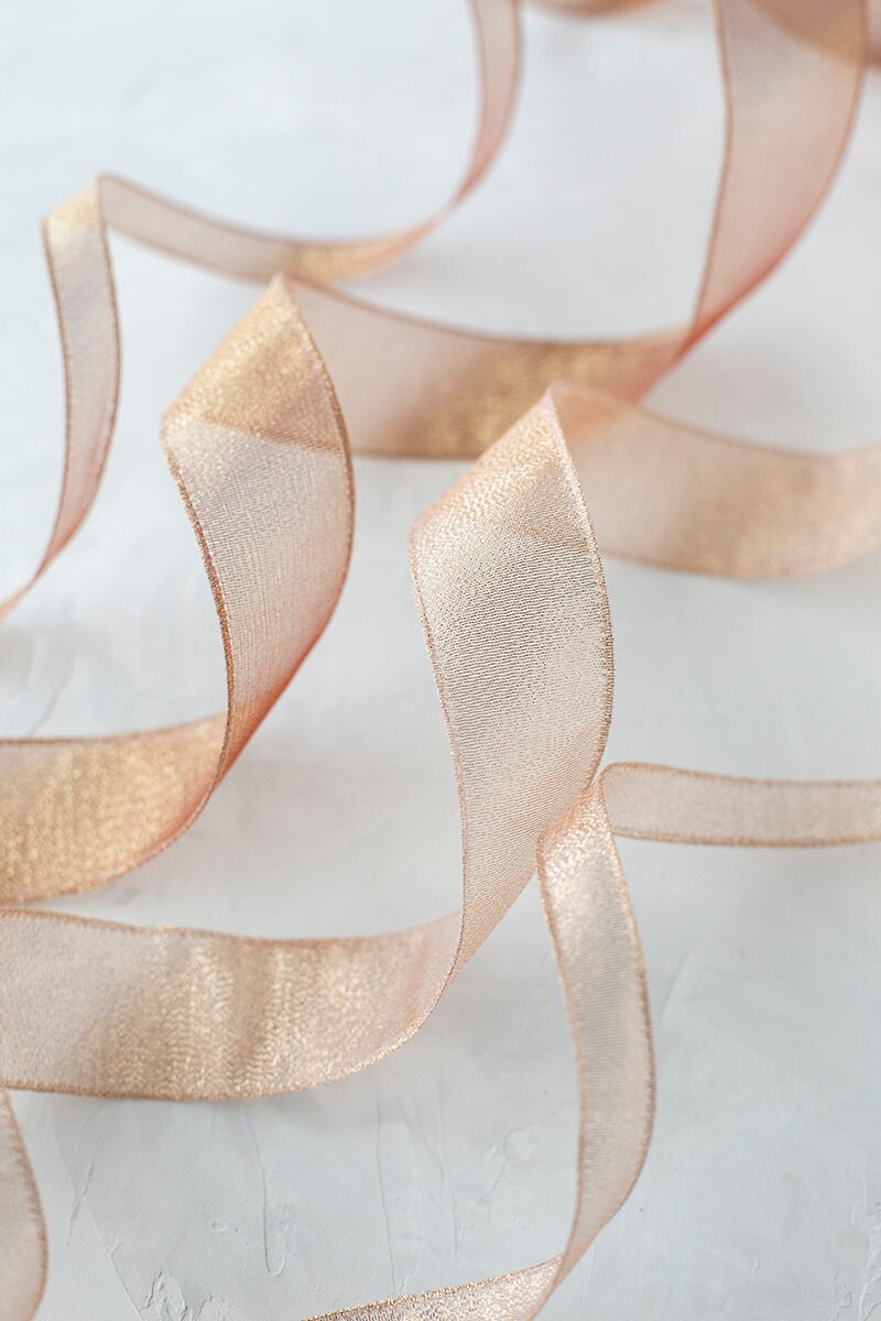 Sheer Organza Ribbon Wired. Color- Tan Gold. 11/2'' x 50 Yard