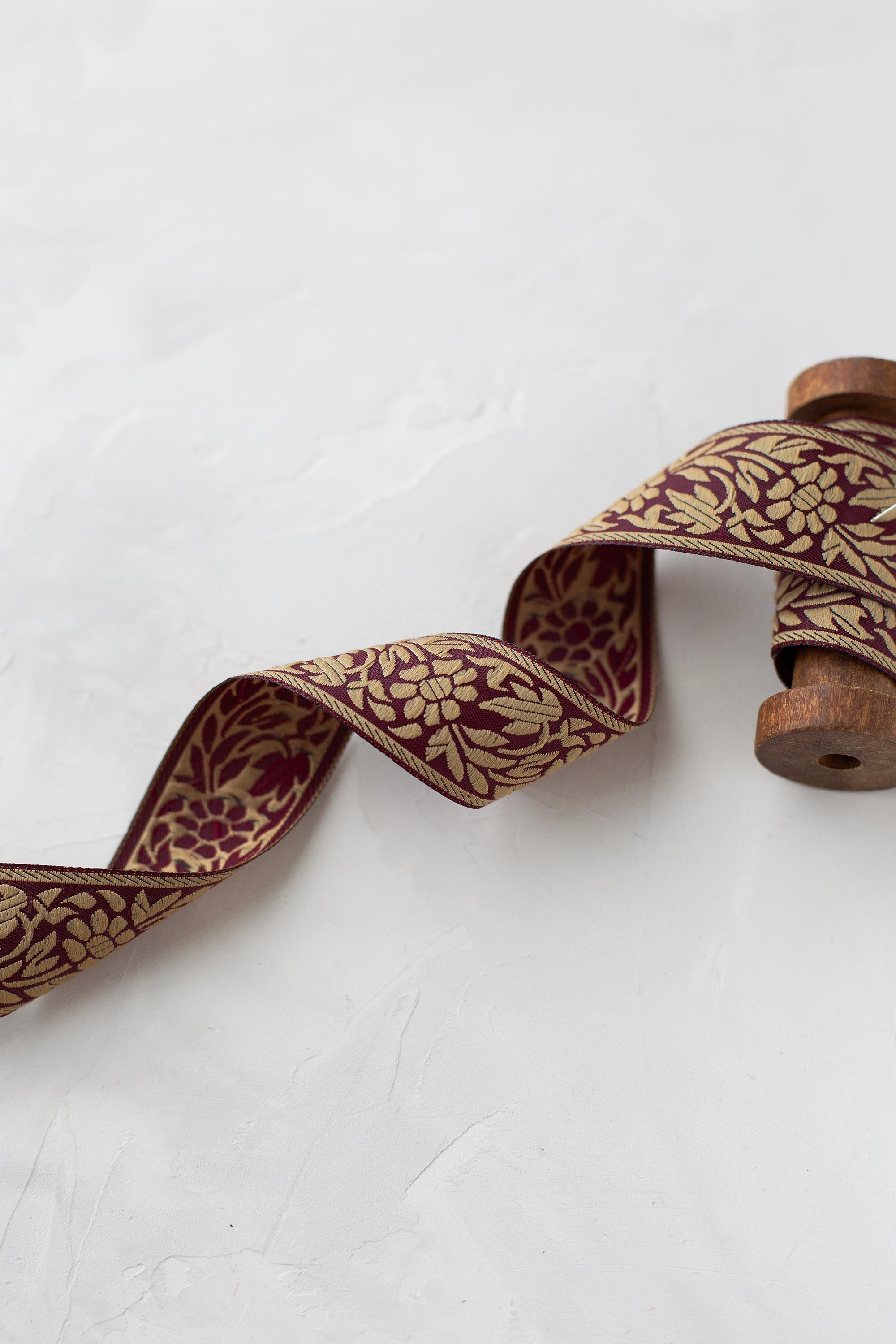 Deep Maroon Red + Golden Beige Floral Mirrored Woven Jacquard Ribbon ...