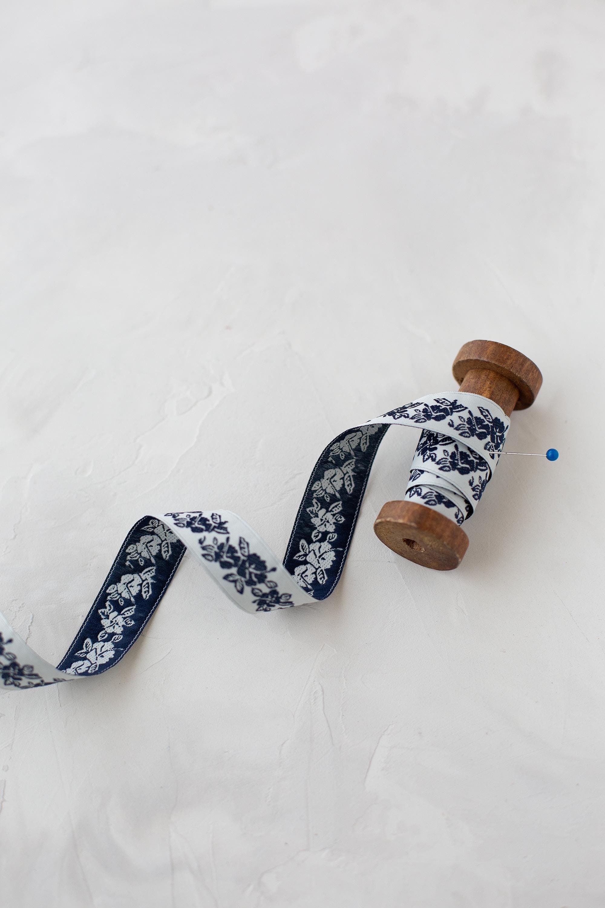 Dark Blue + Cream Floral Mirrored Woven Jacquard Ribbon • 3/4"