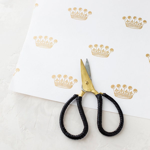 Gold Metallic Crown on White • Handmade Recycled Cotton Wrapping Paper • 2 sheets