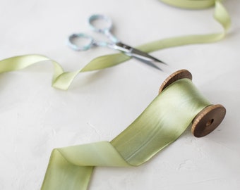 Warm Spring Sage Green Variegated Bias-Cut Hand-Dyed Silk Charmeuse Ribbon • 1/2" • 5/8" • 1" •  1.5" • 2.5"