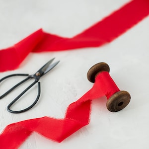 Bright Red Hand-Dyed Frayed Edge Crepe de Chine Silk Ribbon • 5/8" • 1.25" • 2"