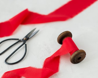 Bright Red Hand-Dyed Frayed Edge Crepe de Chine Silk Ribbon • 5/8" • 1.25" • 2"