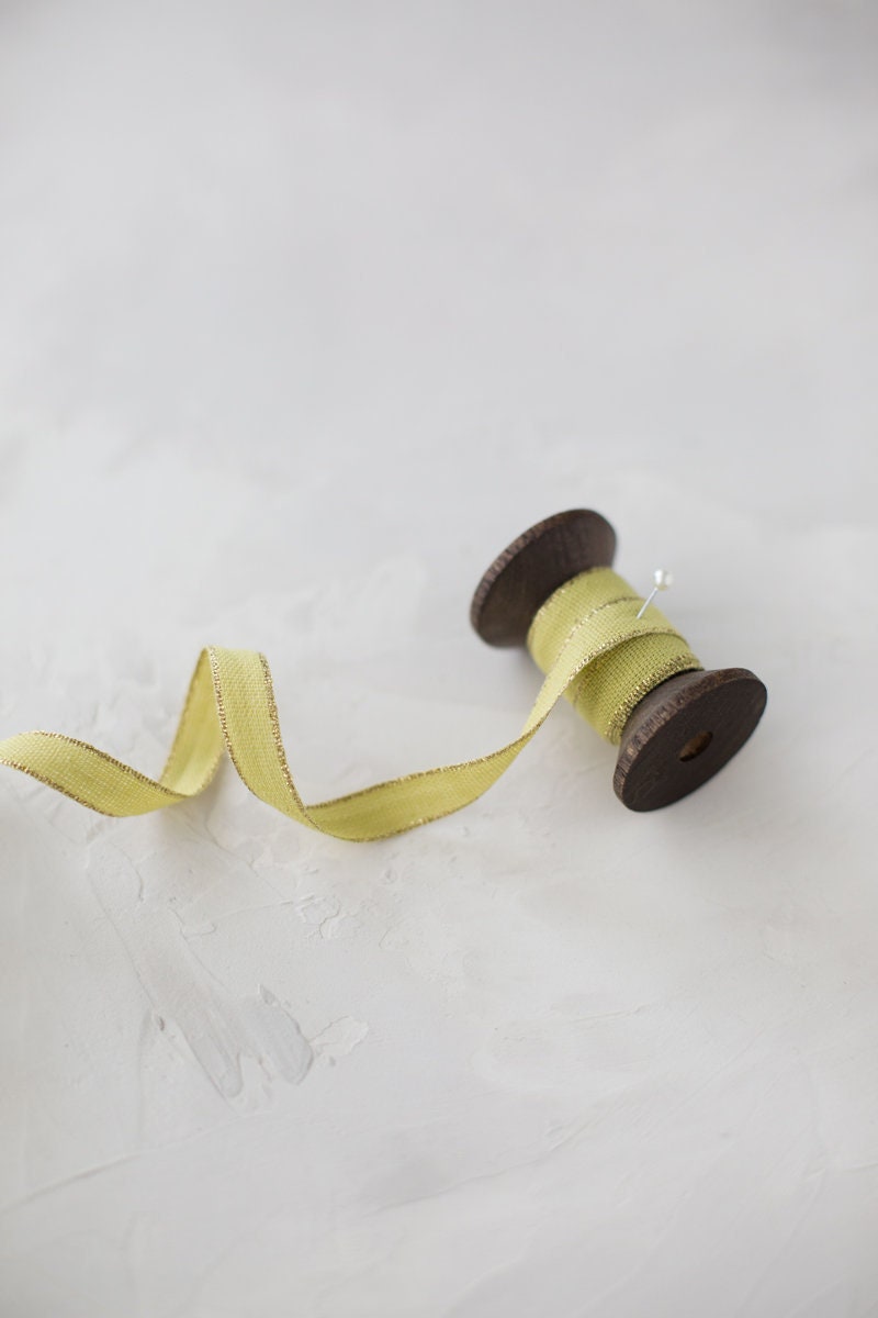 Chartreuse + Gold Metallic Edge Cotton Ribbon • 3/8