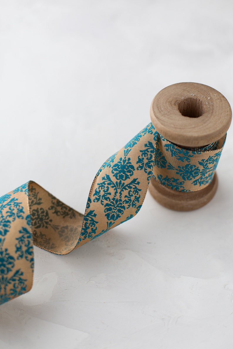 Golden Beige + Turquoise Blue Baroque Floral Lightly-wired Ribbon • 1.5 ...