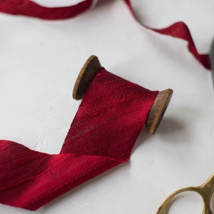 Deep Scarlet Red Bias-Cut Dupioni Silk Ribbon 3/4 2 image 2